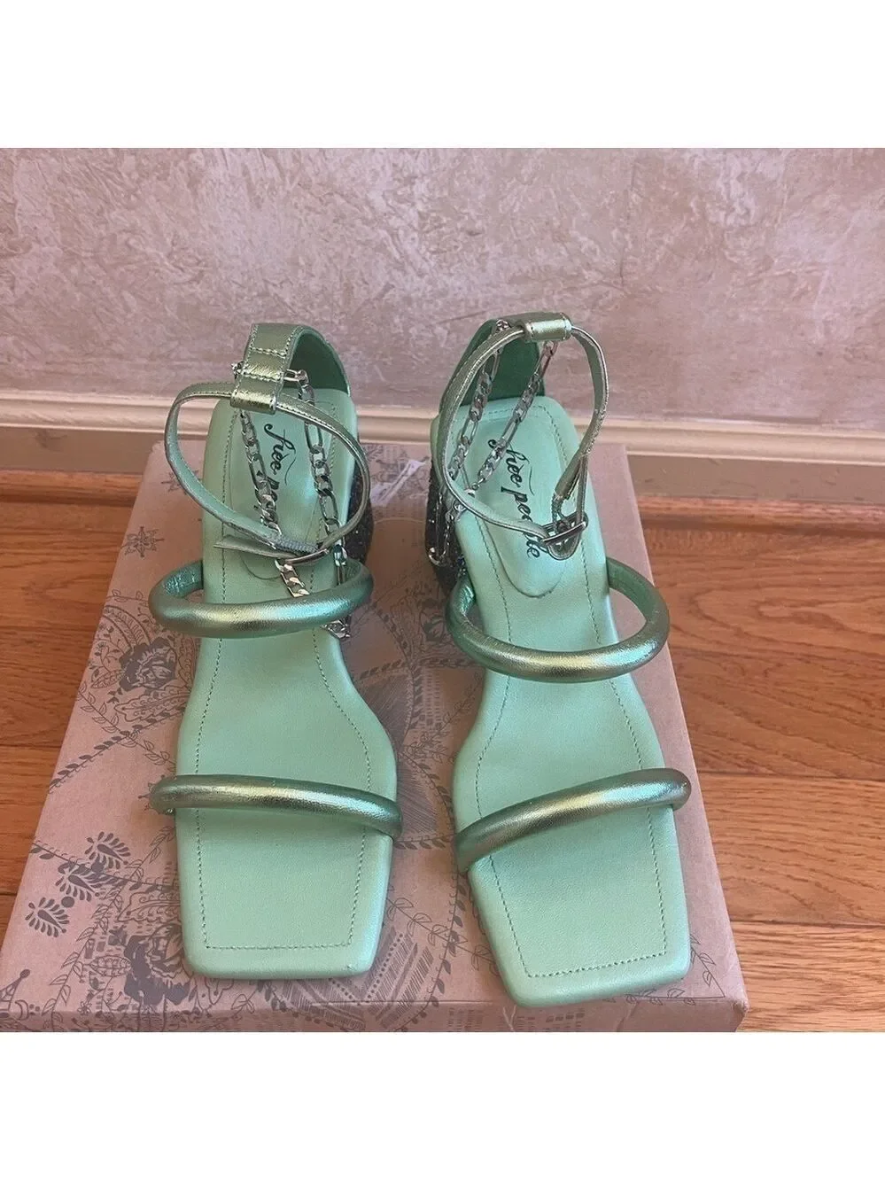 Free People Parker Silver Chain Heels Green Lime Metallic Sz 39